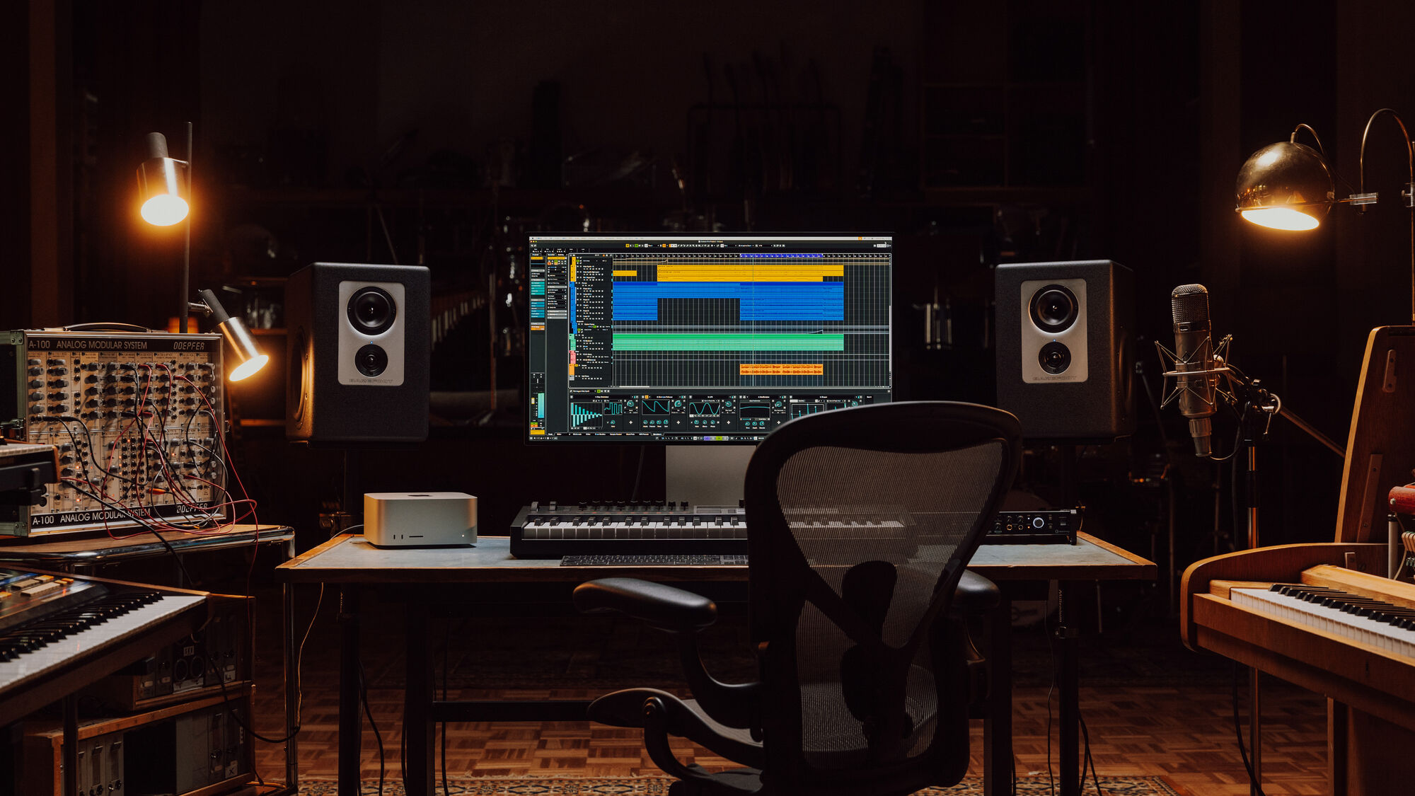 Steinberg Cubase Pro running on a screen in a studio environment with an empty chair