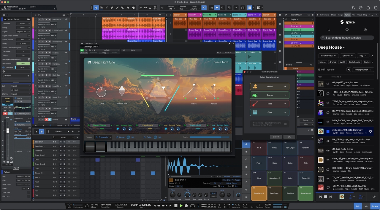 PreSonus Studio One Pro 7 screenshot with tracks, instruments and mixing