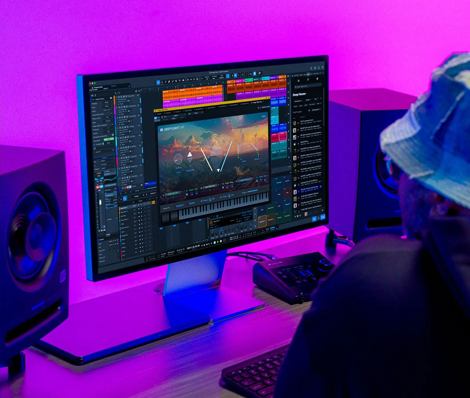 PreSonus Studio One running on a screen in front of a man in a bucket hat